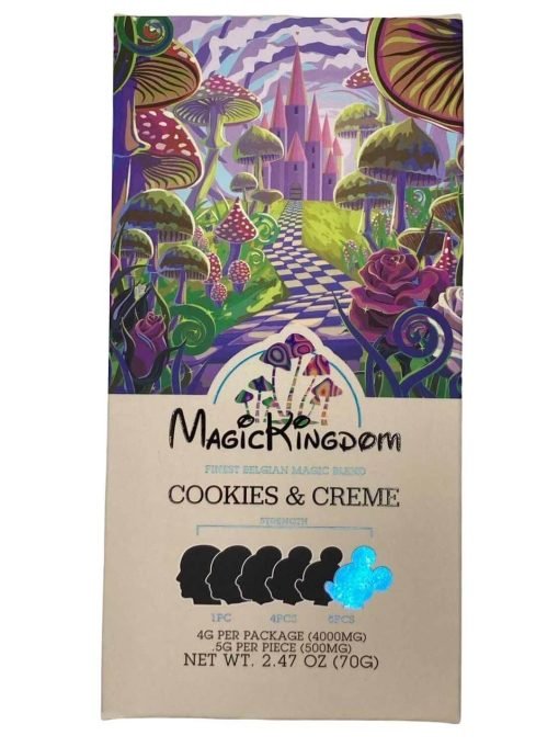 Magic Kingdom Cookies and Creme chocolate bar package with fantasy mushroom forest artwork and brand logo